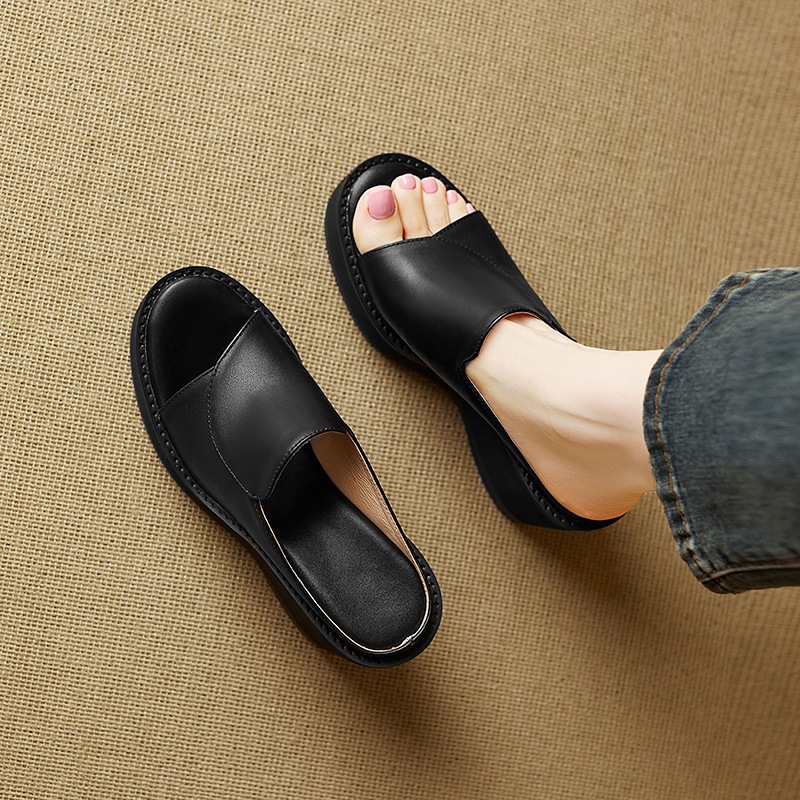 Dép sandal nữ quai chữ V đế xuồng cao gót 9 cm da bò mũi cá — đen