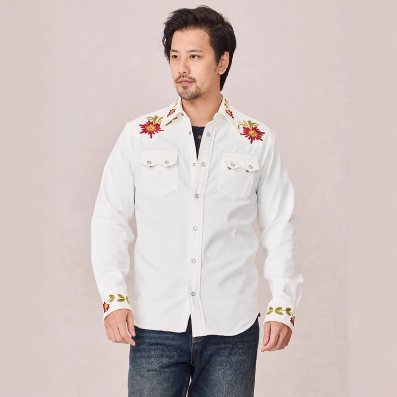 2025 Cross Border New Retro Slim Embroidered Shirt American Western Style Shirt Western Denim Long Sleeve Shirt