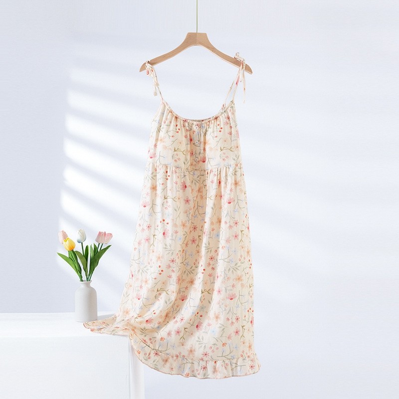 Summer Pure Cotton Gauze Fresh Flower Style Women's Suspender Nightgown with Breast Pads, Comfortable and Underwear-Free Home Skirt