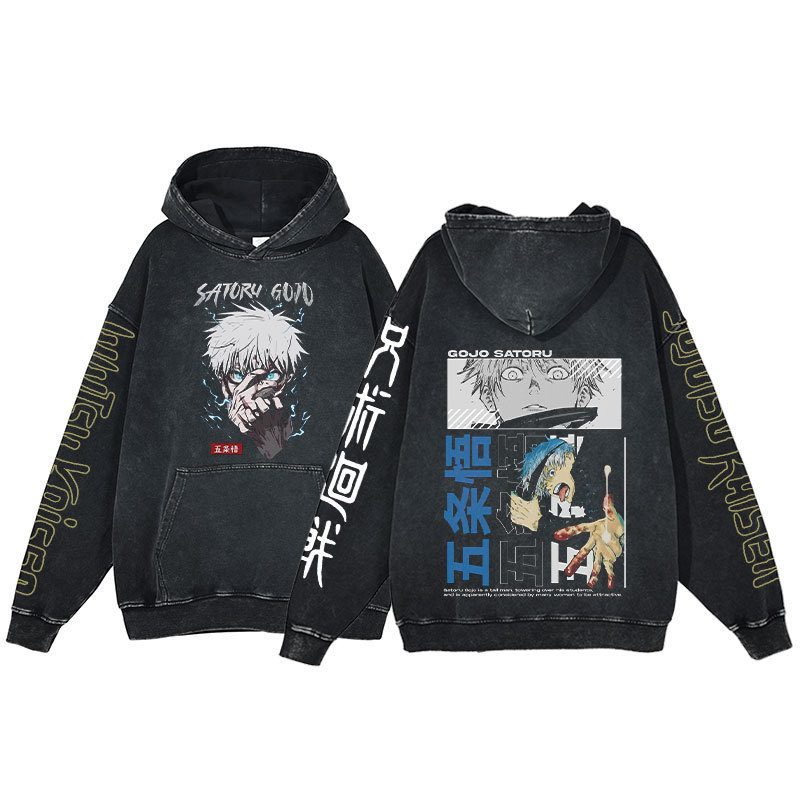Anime Jujutsu Kaisen Hoodie Gojo Satoru Series Print Harajuku Washed Hooded Sweatshirt Men