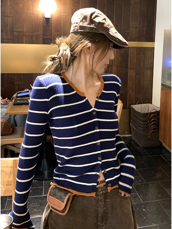 小香风撞色条纹针织开衫女2025早秋新款韩系穿搭修身短款毛衣上衣|undefined