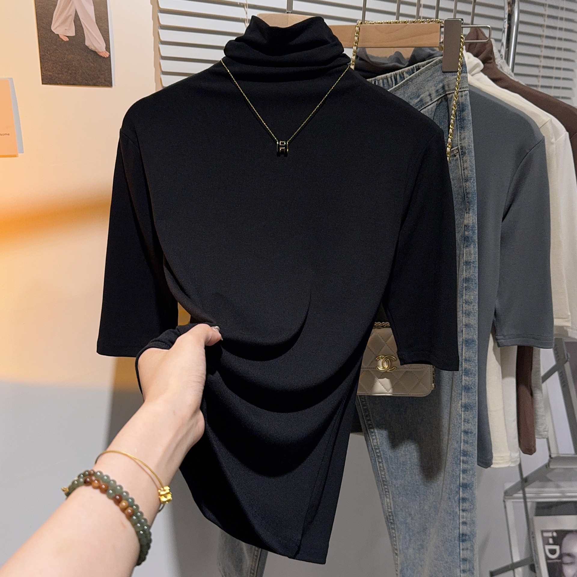 Heap Collar Mid-Sleeve T-Shirt Women's 2024 New Style Western Style Slim-Fit Half-Sleeve High Collar Top Half-Sleeve Threaded Base-Layer Shirt