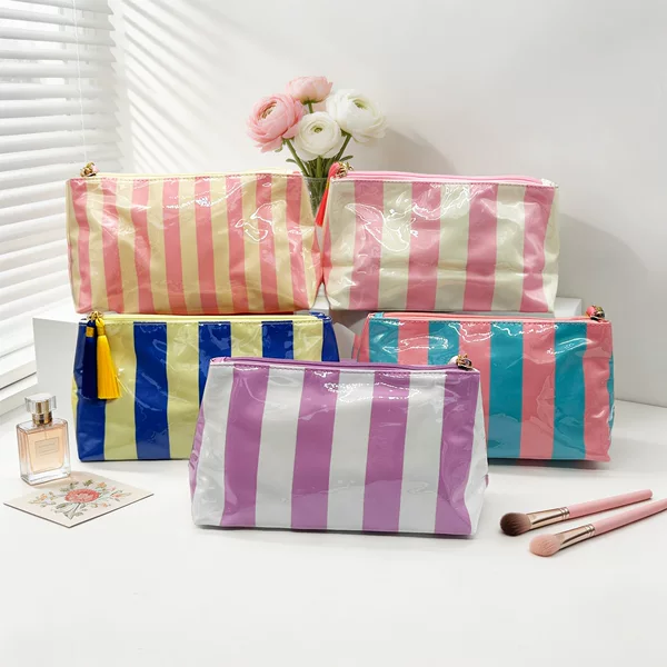 New cross-border PVC striped makeup bag, large-capacity beach travel toiletry storage bag, waterproof transparent toiletry bag