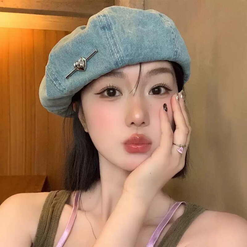 Beret for Women, Heart-Shaped Washed Denim Newsboy Cap, Thin Breathable Newsboy Painter Hat, Large Head Circumference, Face-Slimming Small Hat Beret for Women, Heart-Shaped Washed Denim Newsboy Cap, Thin Breathable Newsboy Painter Hat, Large Head Circumference, Face-Slimming Small Hat