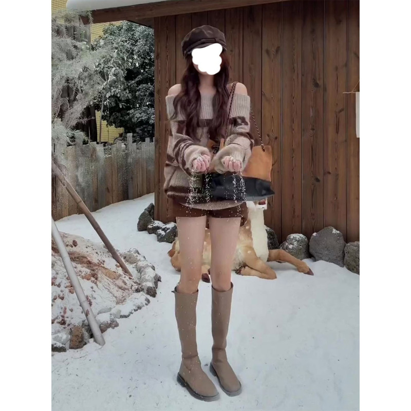 法式慵懒氛围感温柔风一字肩长袖条纹针织衫毛衣女2025年新款上衣|undefined