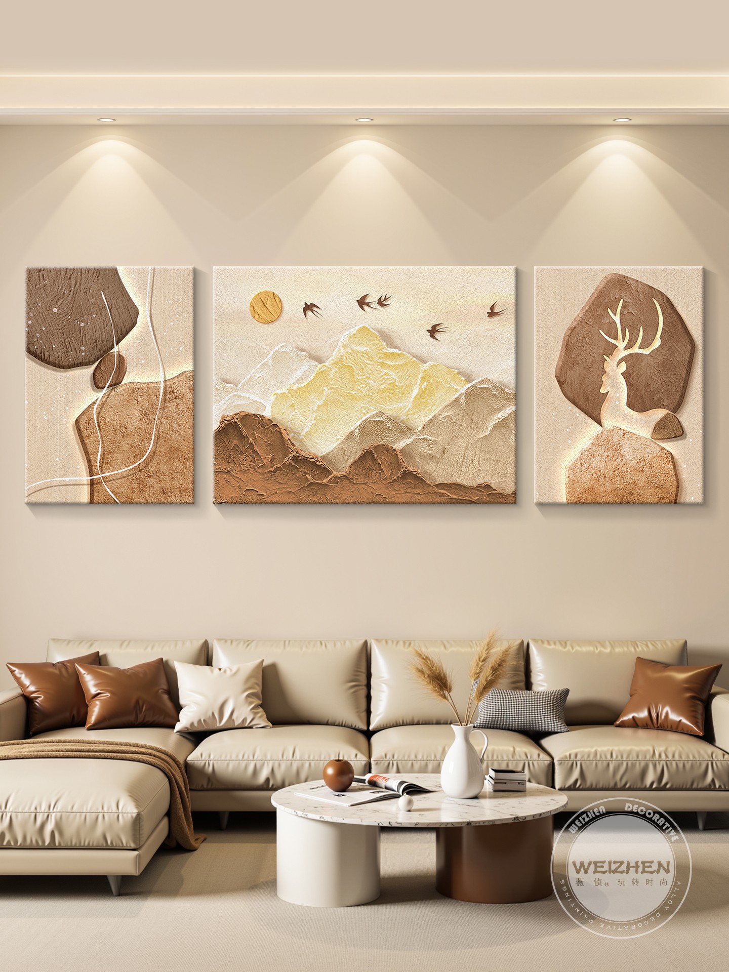 Luxurious living room decorative painting, sofa background wall hanging painting, simple and high-end, three-dimensional sandstone, upscale and elegant