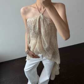 翎华纪 春夏新款 度假高级感轻透露背挂脖豹纹印花飘逸上衣女