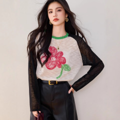 R3596手描きの花のプリントは色の小さい衆の長袖のニットの女性の2025春のゆったりしているカジュアルなtシャツの上着にぶつかります。