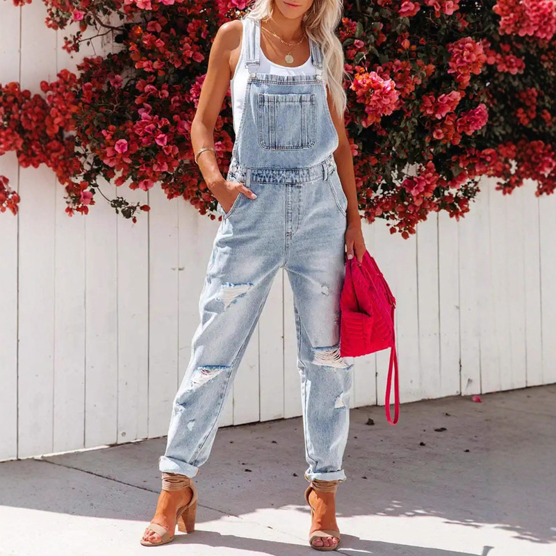 Cross-border European and American light blue Hole Denim Women's Suspender Pants TEMU Amazon SHEIN Foreign Trade Factory Overseas Warehouse