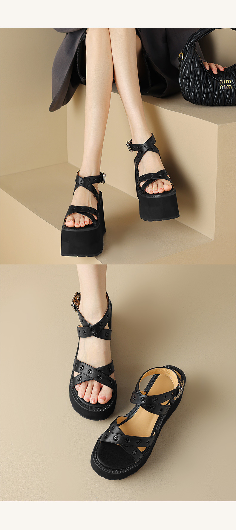Sandal cao gót nữ quai chéo đế xuồng gót 11 cm, phong cách La Mã đinh tán — Đen 11cm, Đen 9cm chi tiết 10