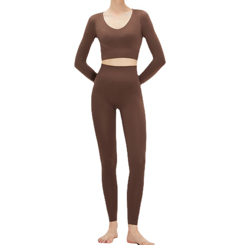 Europea y americana con cuello en V sexy yoga traje melocotón cadera levantamiento ejercicio traje de las mujeres del mismo color fitness al aire libre conjunto de dos piezas