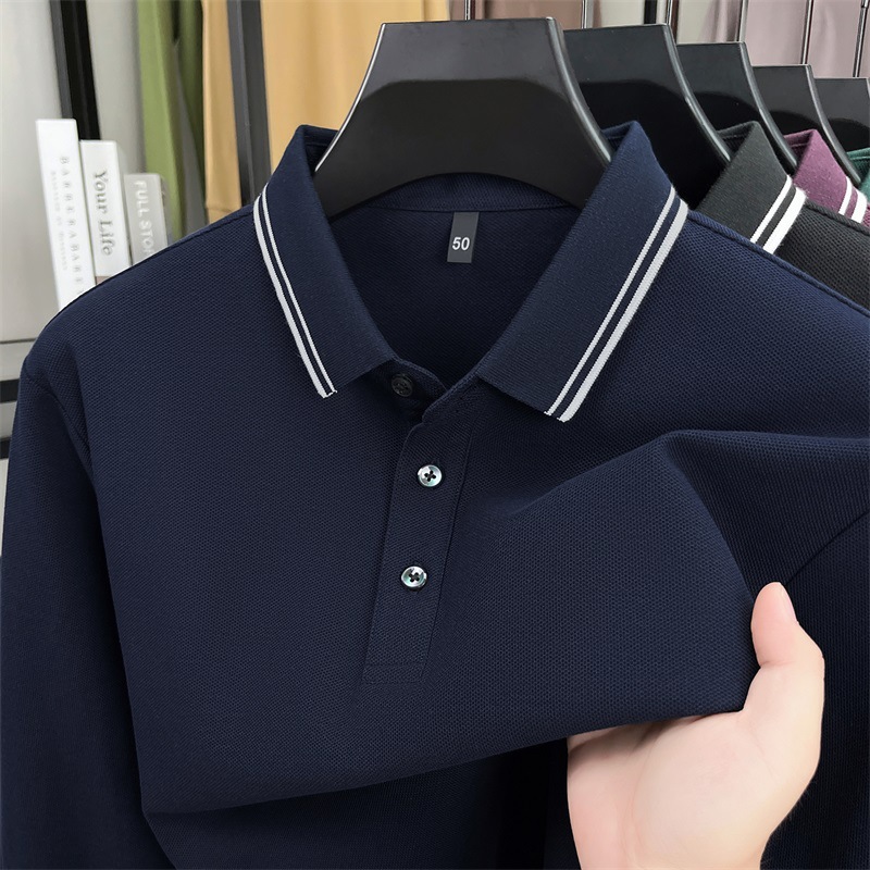 Cross-border bestseller: pure cotton hexagonal bead long-sleeve polo shirt, autumn casual base shirt for middle-aged men, wholesale for foreign trade
