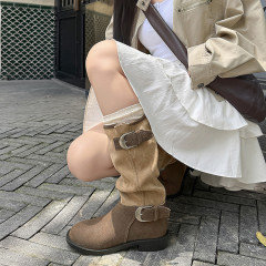 复古拼色堆堆靴西部靴女2025新款小个子粗跟不过膝显瘦高筒骑士靴