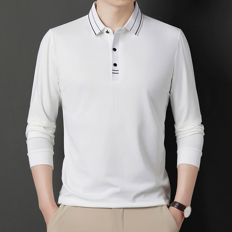 Футболка с длинными рукавами, Мужская весна-осень Новое поступление, свободная универсальная Повседневная рубашка-поло для среднего возраста с полосатым принтом, топ для волос