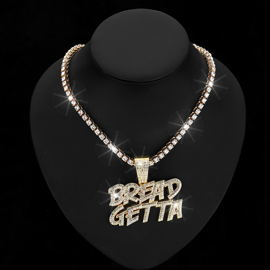 Personalidad europea y americana hip hop diamante completo doble fila diamante carta BREADGETTA colgante nicho diseño tenis collar joyería