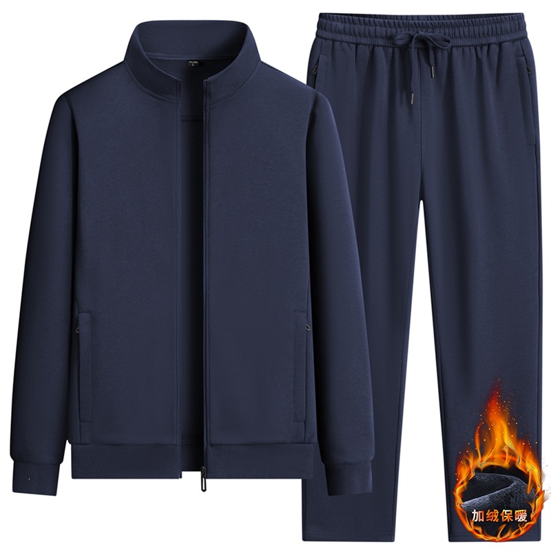 Men's pure cotton casual set, spring/autumn stand-up collar cardigan sweatshirt, winter fleece-lined warm sportswear, two-piece set
