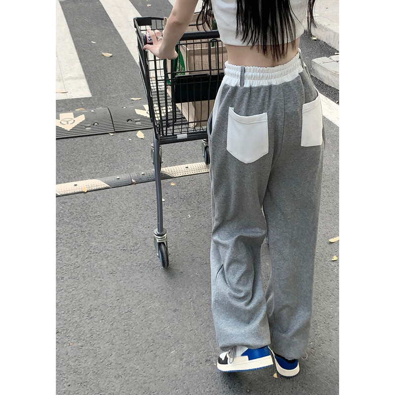 Women's 2022 Summer Thin Drawstring Stitching Contrast Color Sports Casual Pants High Waist Slimming Loose Wide Legs