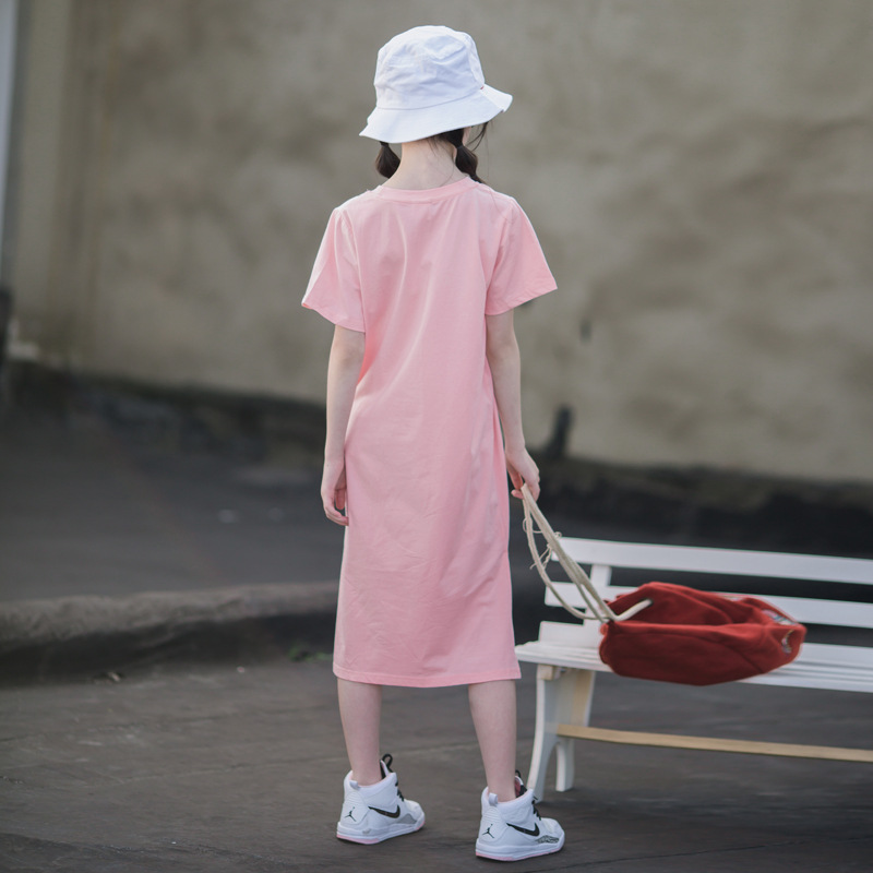 2024 vestido de verano para niñas, camiseta para niños de longitud media, falda larga, falda casual japonesa de algodón puro para niñas