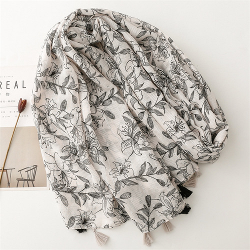 Cross-border export of Middle Eastern scarf, cotton and linen feel scarf, slub yarn, black and white flower turban, air conditioning shawl, tassels
