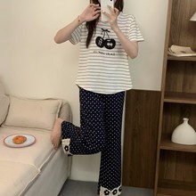 春夏新款经典条纹卡通印花樱桃短袖长裤可外穿家居服睡衣套装女