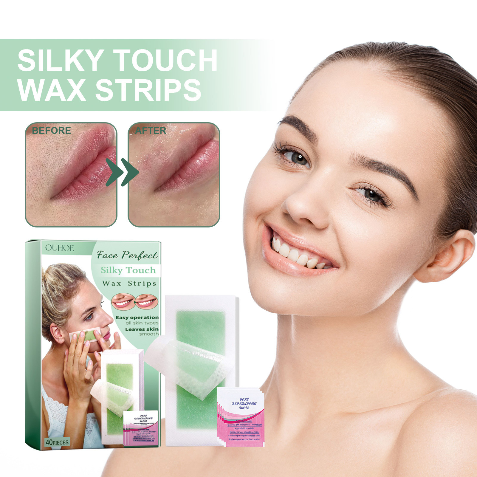 Ouhoe Facial Hair Removal Wax Strips Gentle and Non-Irritating Moisturizing Moisturizing Refreshing Cleansing Facial Lip Hair Removal Wax Strips