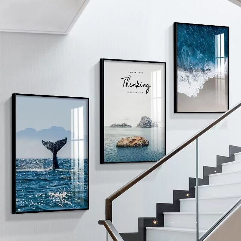 Modern Minimalist Luxury Decorative Painting for Duplex Stairway, Stylish Nordic Romantic Corridor Framed Glass Triptych Wall Art