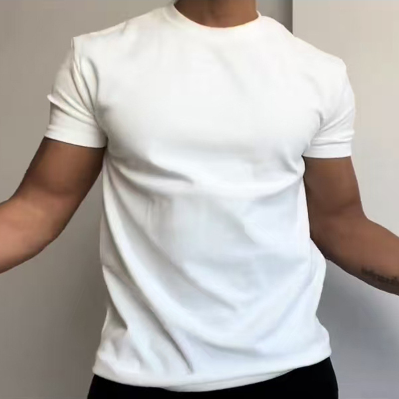 White Cuff T-Shirt Men's Summer Fitness Sports Right Shoulder Short-Sleeved Heavy American Small Neckline Inner Layering Shirt