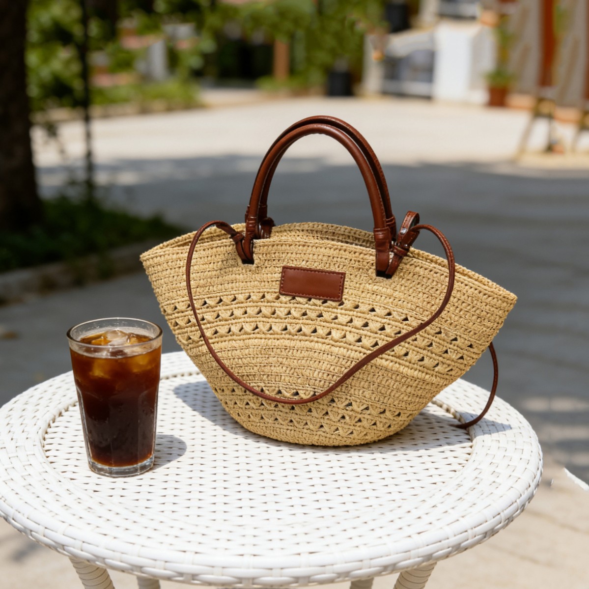 Top Grain Cowhide Leather Spliced Raffia Woven Basket Bag, Large Capacity Women's Vacation Beach Tote Bag - Thumbnail 2