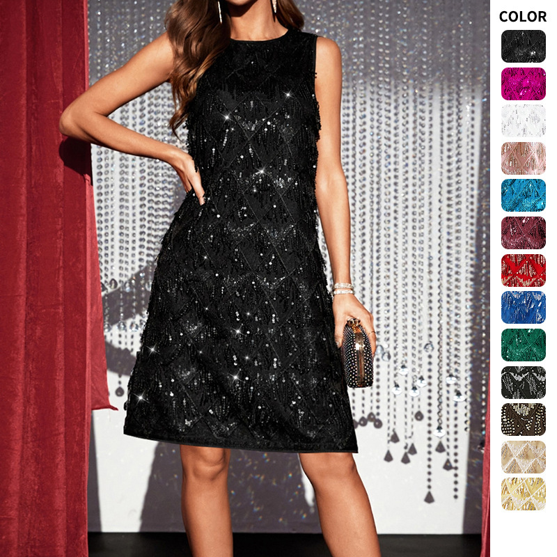 Cross-Border Aliexpress Amazon Round Neck Sleeveless Vest Sequin Tassel Dress Cocktail Party Prom Skirt