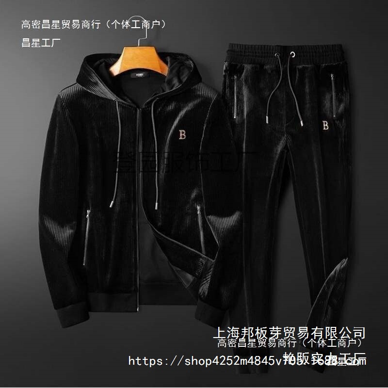 Casual Sports Hooded Suit Men's Gold Velvet Two-Piece Loose Autumn and Winter New Men's Clothing Wholesale Wholesale