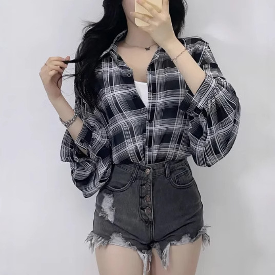 봄과 여름 쉬폰 격자 무늬 셔츠 여성 의류 자외선 차단제 카디건 3528