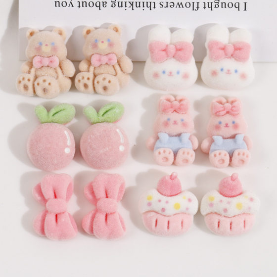 Cartoon flocking White Rabbit pink bow brown bear hairpin headdress resin patch DIY jewelry accessories