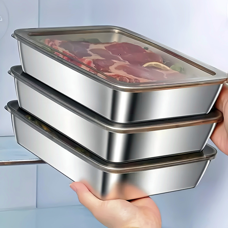 Caja de almacenamiento de alimentos de acero inoxidable, apta para congelar, con tapa, de calidad alimentaria, de grado comercial, adecuada para picnics, loncheras y uso en refrigeradores.