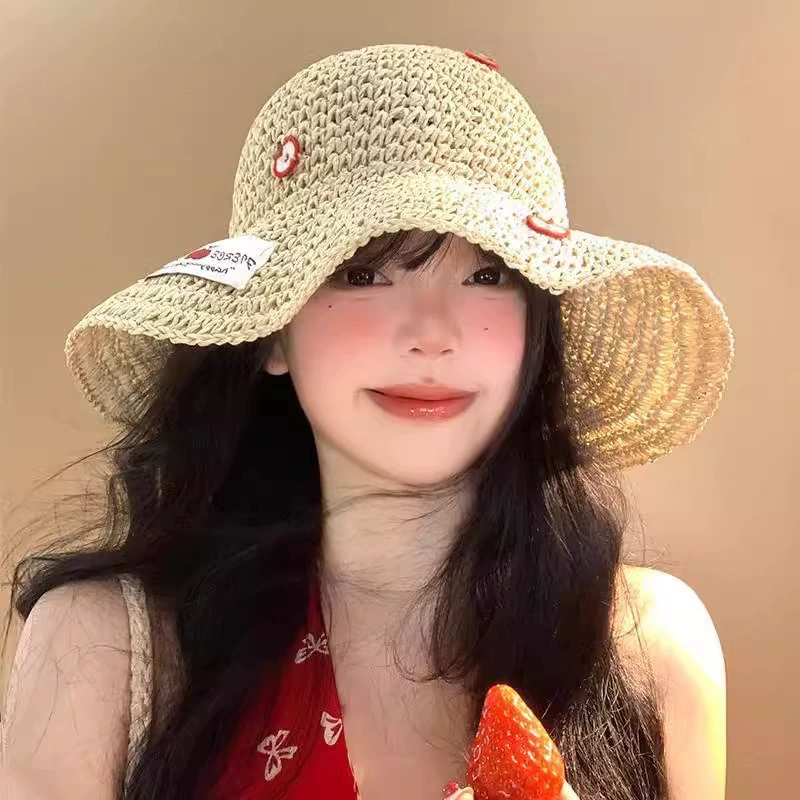 唐王 Apple Summer Beach Straw Hat - Solar-Powered Sun Protection, Adjustable Beige or Khaki