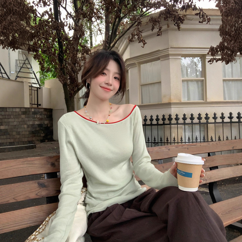 Fashionable and Stunning [Color Block Memory] Korean Style High-Quality Color-Block Patchwork Elegant Asymmetrical Long-Sleeve Knitted Sweater for Women