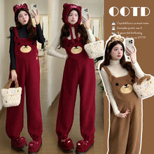 孕妇装秋冬新款加厚宽松束脚孕妇背带裤+加厚打底衫甜美休闲套装