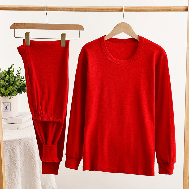 빨간 가을 옷 긴 내복 따뜻한 양복 면 하이웨이스트 큰 사이즈 남녀 라운드 넥 반 터틀넥 중년 노년