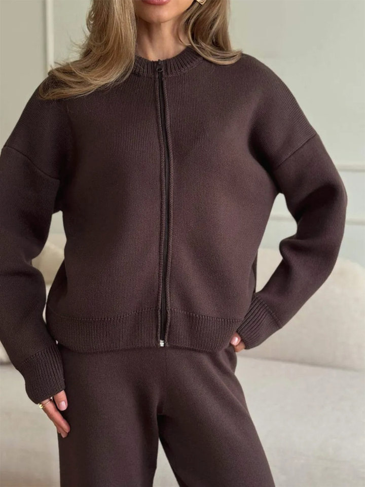 Bộ áo cardigan dệt kim khóa kéo dài tay phối quần ống rộng cho nữ — Màu nâu, Màu trắng, Màu xanh dương chi tiết 3