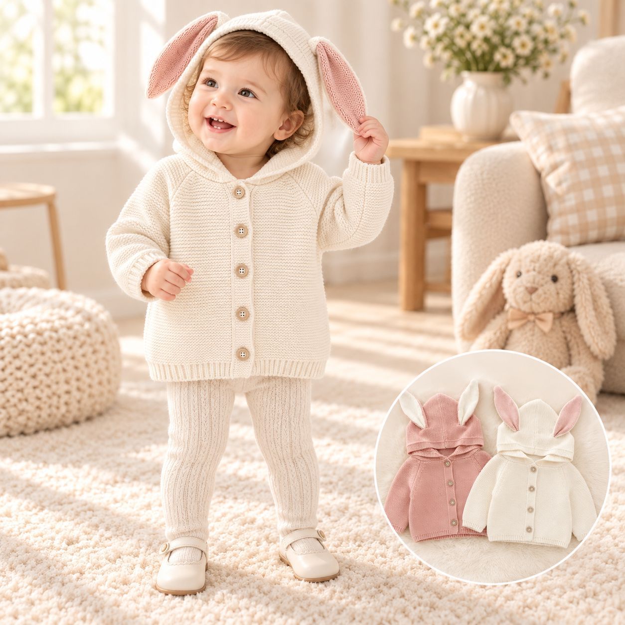 Girls' hooded cardigan, 100% cotton, spring and autumn style, knitted with bunny ears, casual, breathable, long-sleeved, cute outerwear.