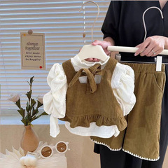 Girl's Spring and Autumn Set 2024 New Korean Version Girl's Literary and Refined Lace Vest Top and Pants Three-Piece Set Trendy