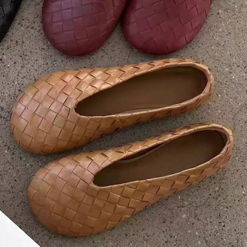 牛皮版~复古真皮平底编织单鞋女通勤舒适浅口软底玛丽珍芭蕾舞鞋|undefined