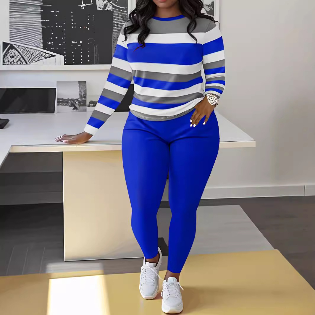 Women's Clothing Two piece Suit Long Sleeve Round Neck Striped Color Block T shirt Comfortable Sports_voghion.com