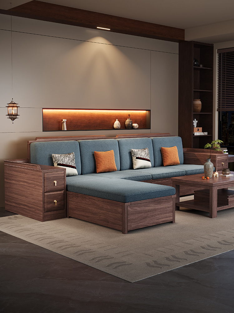 新中式乌金木实木沙发组合123转角贵妃冬夏两用客厅储物木质家具