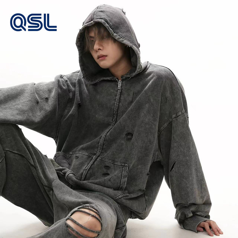 2026 Autumn/Winter Distressed Hooded Sweatshirt for Men, Washed Heavyweight Loose Fit Versatile Vintage Couple Style American Trendy Brand Top