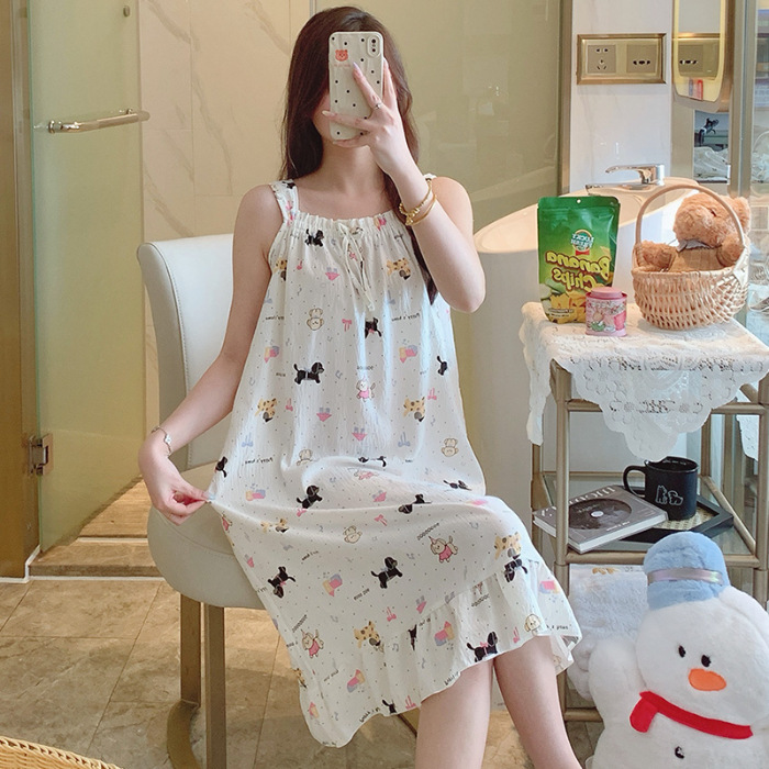 Pajamas de cabina de verano de dibujos animados nubes de algodón sueltas de hombro largo ocio transfronterizo en vivo vestido fresco