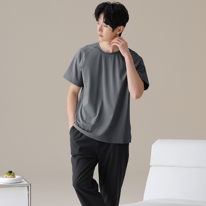 100%纯棉睡衣男士夏季纯棉短袖长裤休闲可外穿家居服男夏天薄款|undefined
