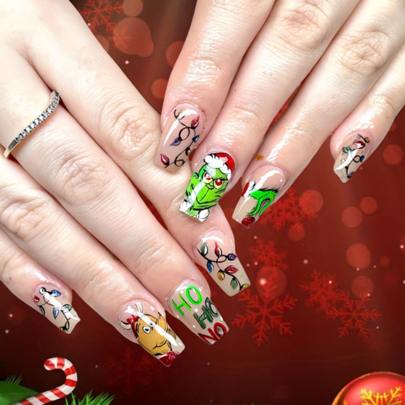 Cross-border Europe and the United States Green Monster HO Grinch Lantern Christmas Element Fake Nail Finished Wear Armor Holiday Nail Art Cross-border Europe and the United States Green Monster HO Grinch Lantern Christmas Element Fake Nail Finished Wear Armor Holiday Nail Art