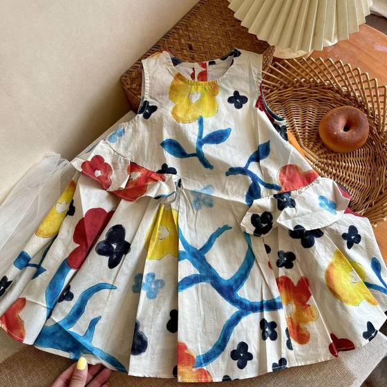 2025 Summer Girls' Elegant 80-Count Long-Staple Cotton Niche Floral Cartoon Lace Stylish Sleeveless Vest Dress