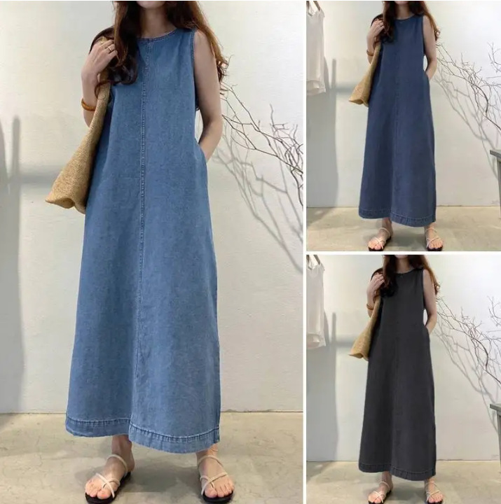In-Stock 2026 New Fashion Round-Neck Sleeveless Loose Pocket Pullover Bohemian Denim Elegant Dress