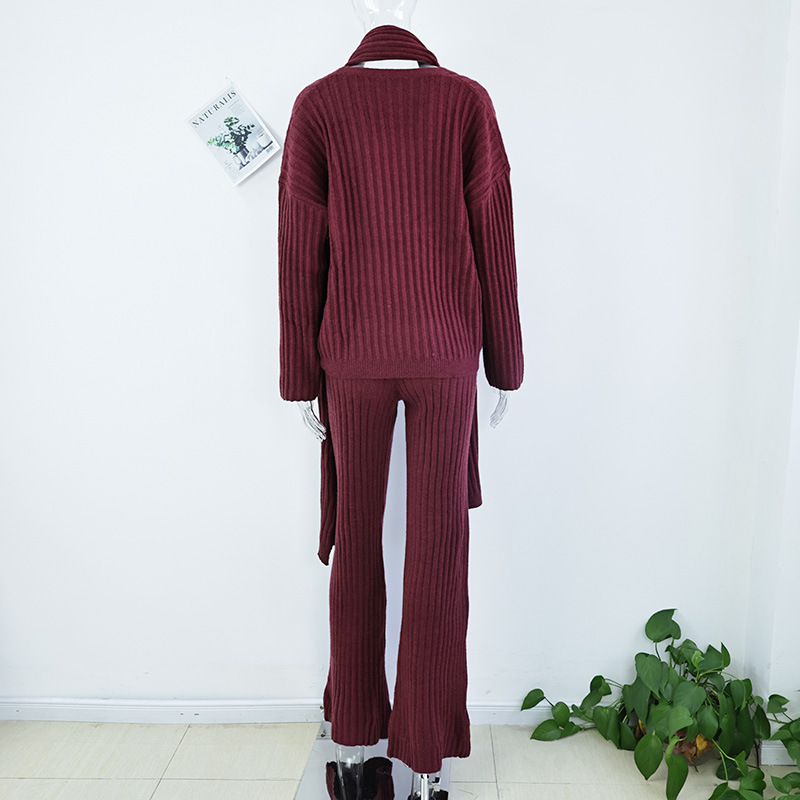 1055g Weight Long Sleeve Sleeve Length Polyester Fabric Type Pant Co-ord Set Sets Type 3 Pieces Set Quantity Holiday Occasion Round Neck Neckline Comfort Function Regular Fit Fit Type Solid Color Pattern Autumn Season Women's Gender Vacation, Simple Style Style Wine Red Color Holiday Wine Red Women's Vacation Simple Style Solid Color Polyester Pant Co-ord Set Pants Sets 2